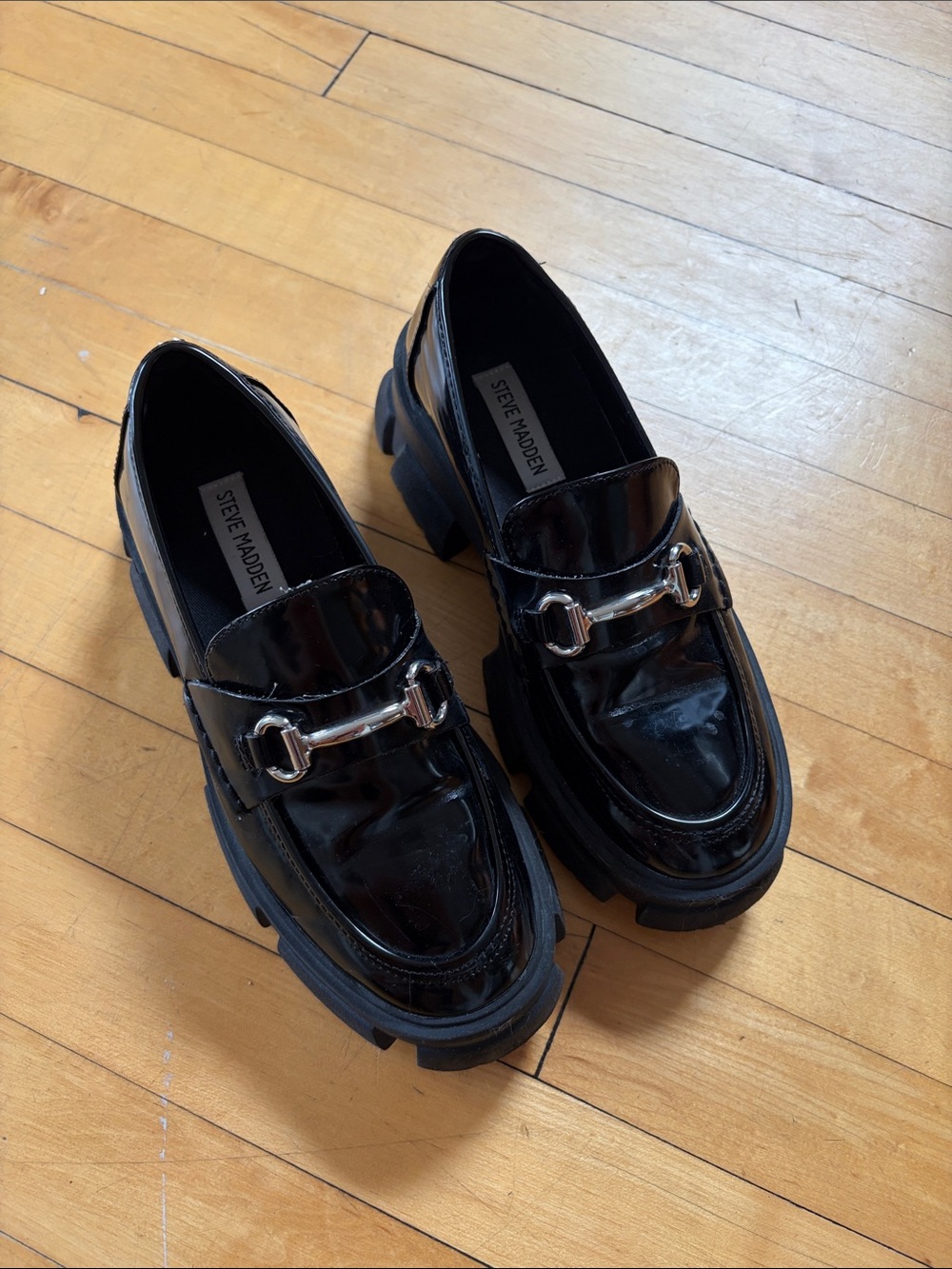 Steve Madden Black Patent Chunky Lug Bit Loafers